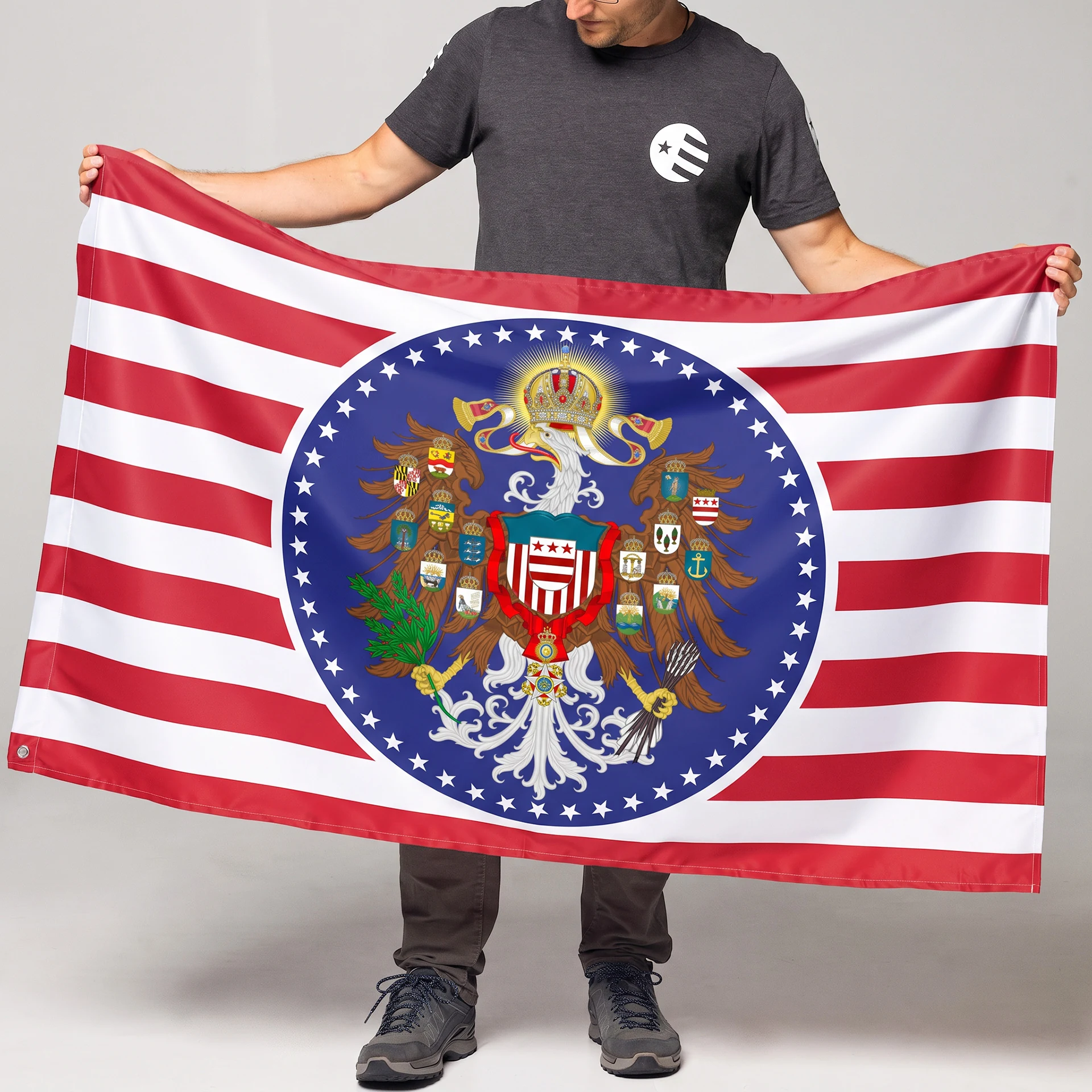 Vincent De Nil holding the American Kingdoms Union flag, with its crowned bald eagle and red-and-white stripes