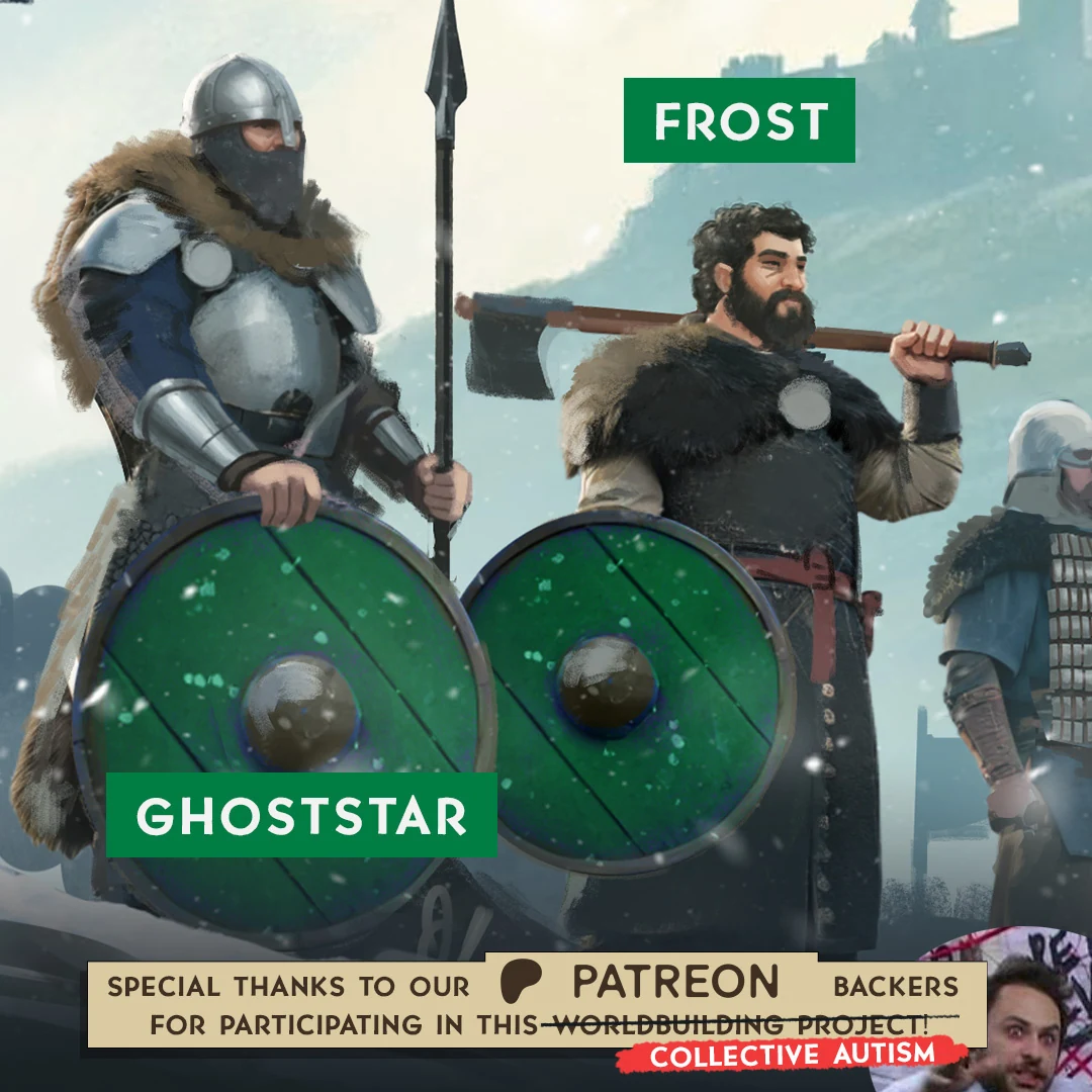 Patreon backer characters Ghoststar and Frost as Vinland warriors with green shields
