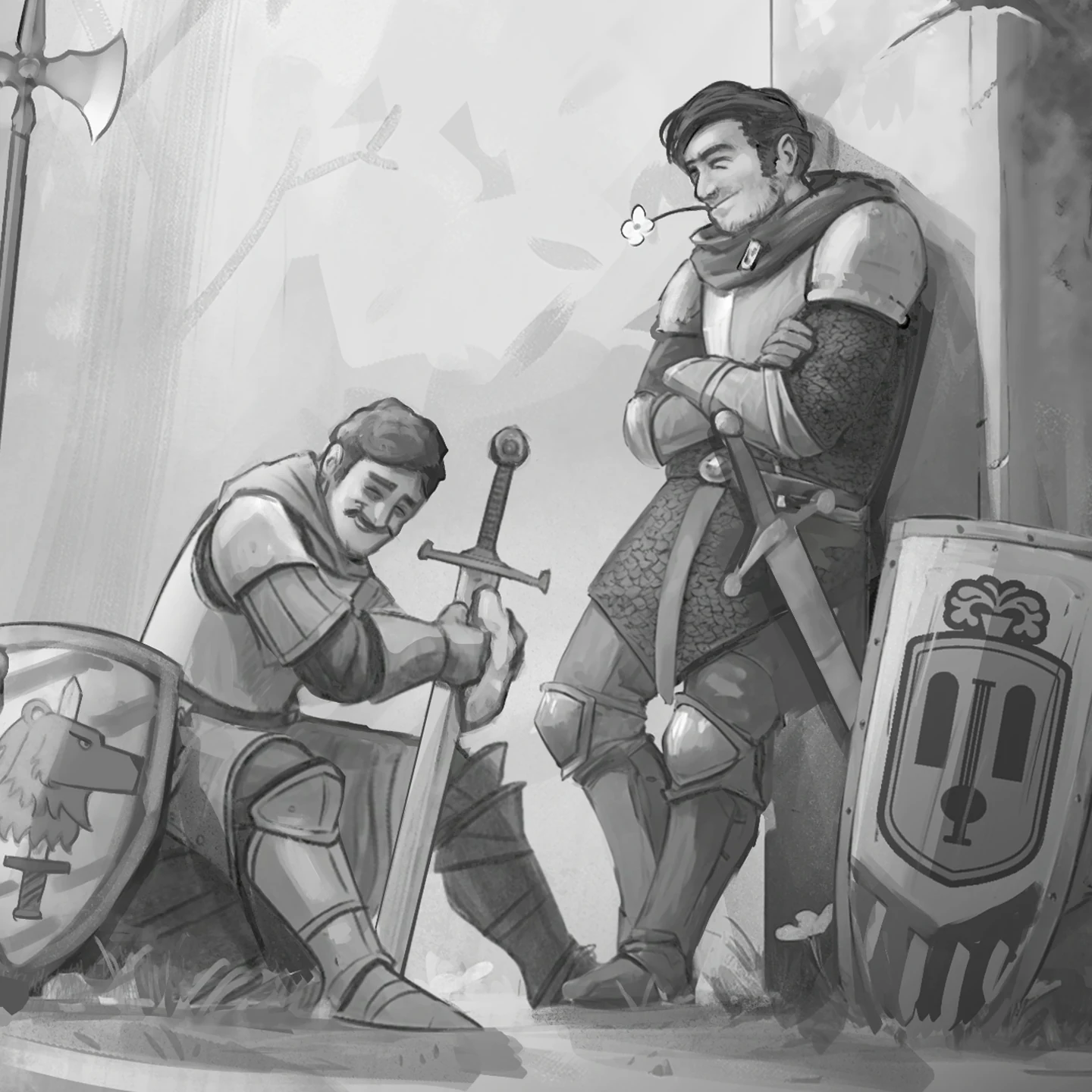 Patreon backer character artwork showing two armoured knights with heraldic shields