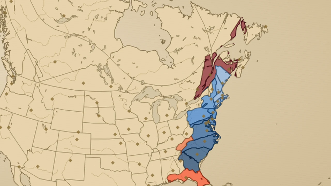 Interactive alt-history map of the New World in 1377 A.D., with the thirteen colonies coloured by realm