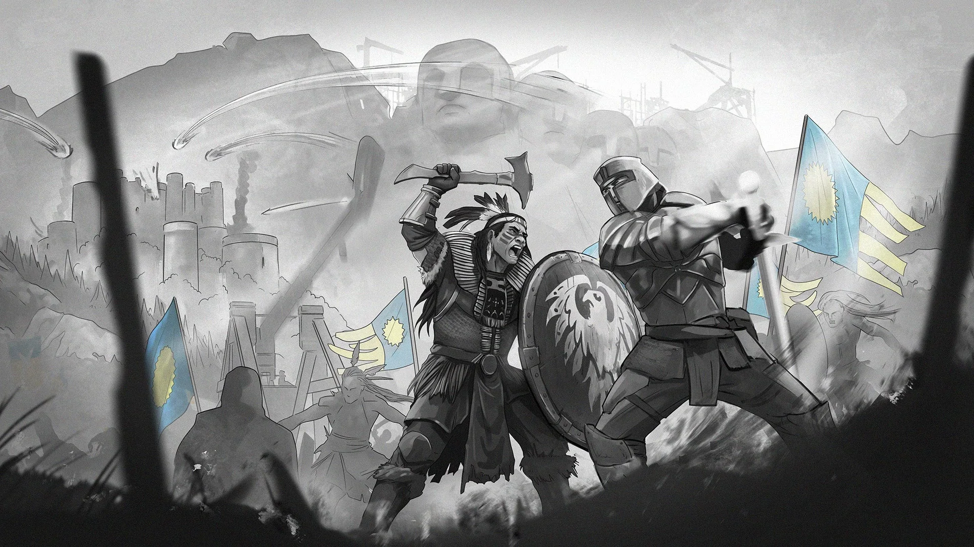 Crusader and Native knights clash during the Siege of Mount Rushmore