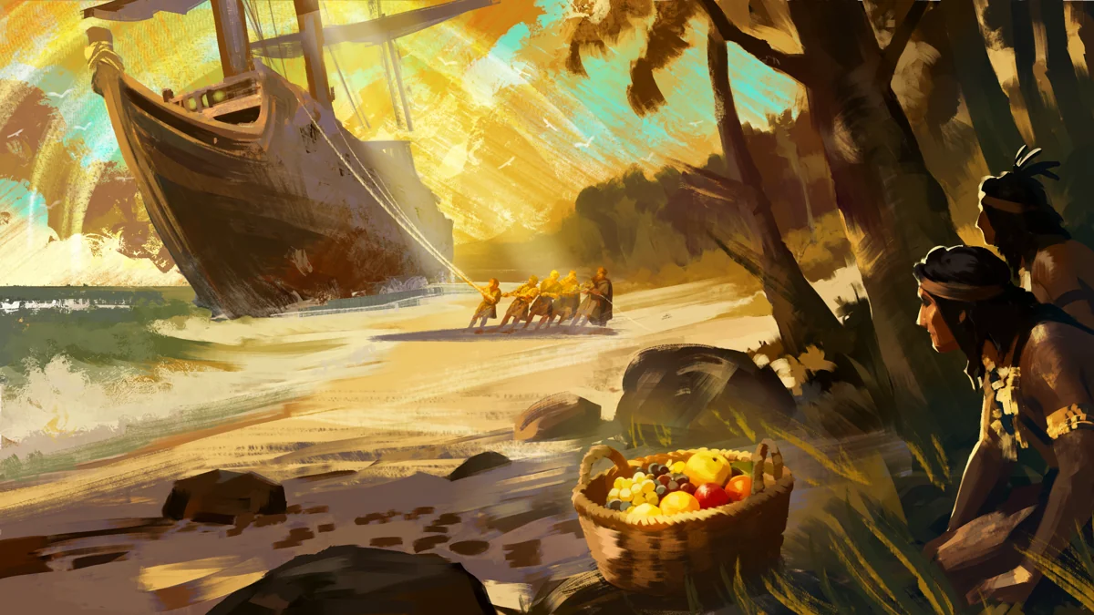 Mariners haul their ship onto an American beach as Native observers watch from the trees