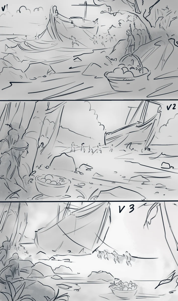 Three grayscale storyboard studies of a ship arriving on an American shore