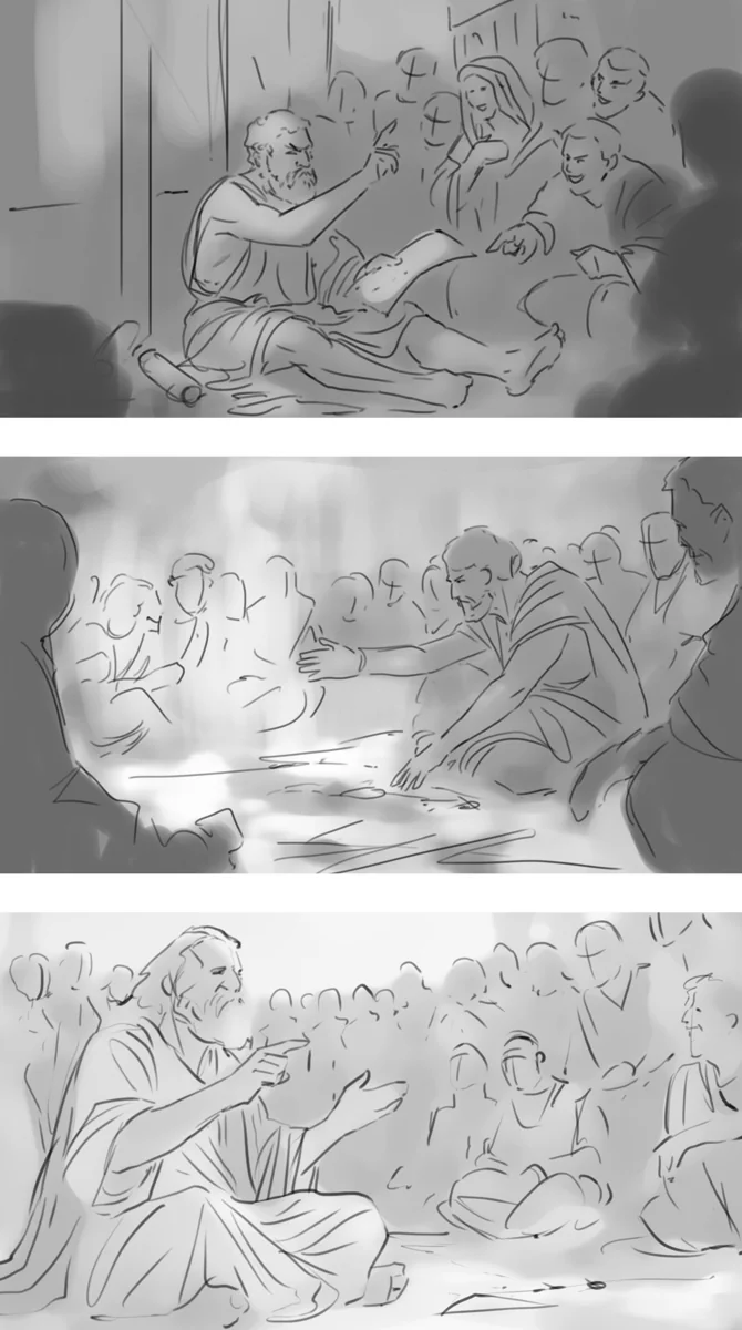 Three grayscale storyboard studies of a storyteller recruiting a crew