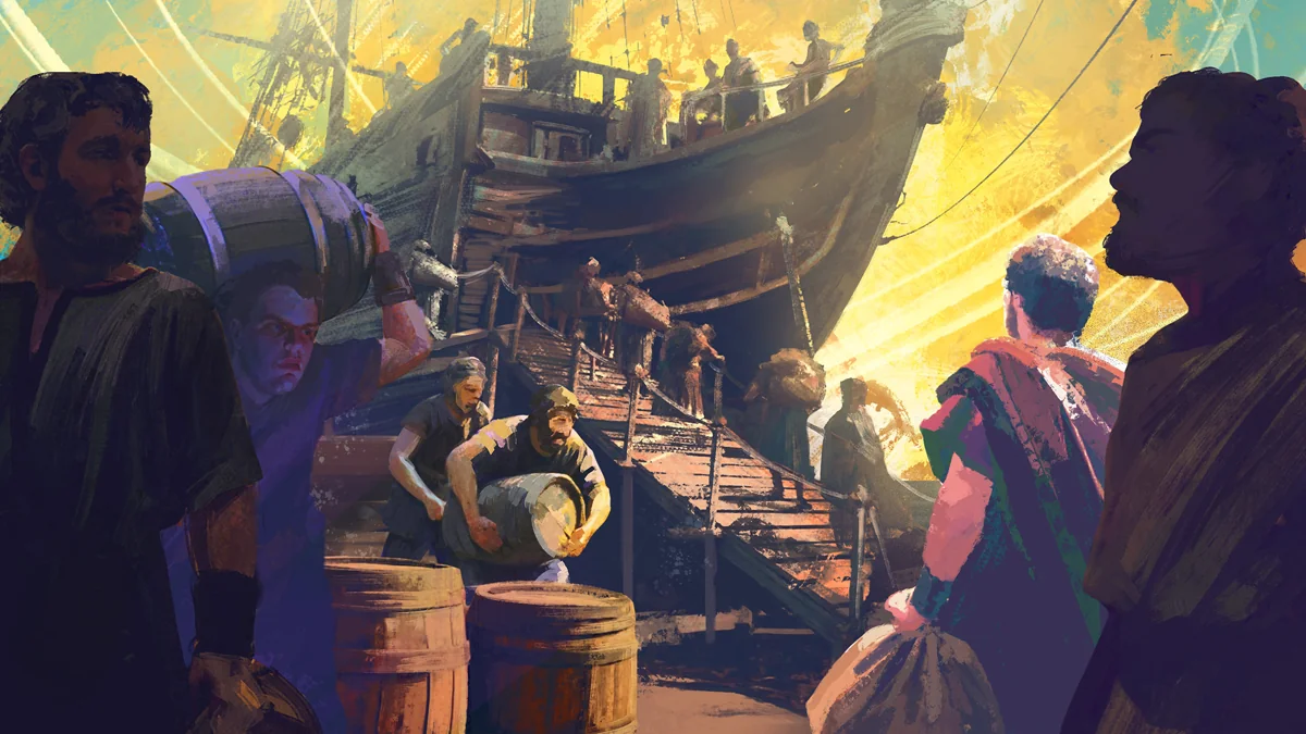 Crew members carry barrels and supplies aboard a ship in golden sunlight