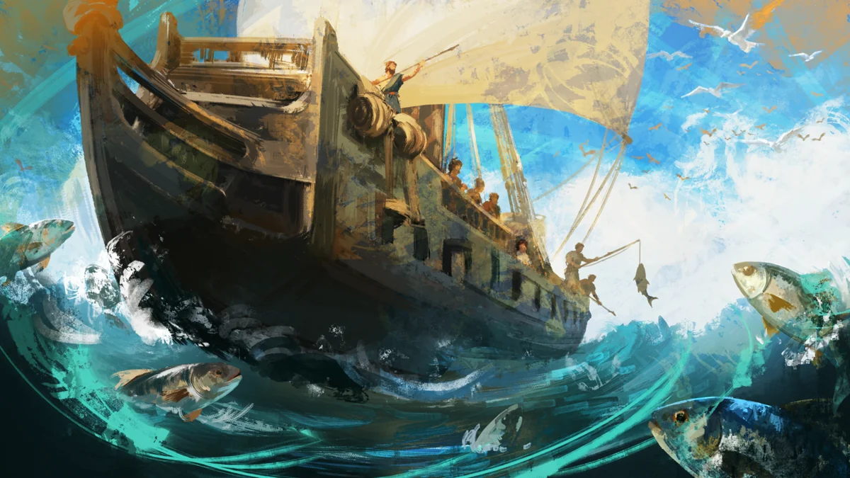 Mariners fish from a sailing ship as fish leap through turquoise waves