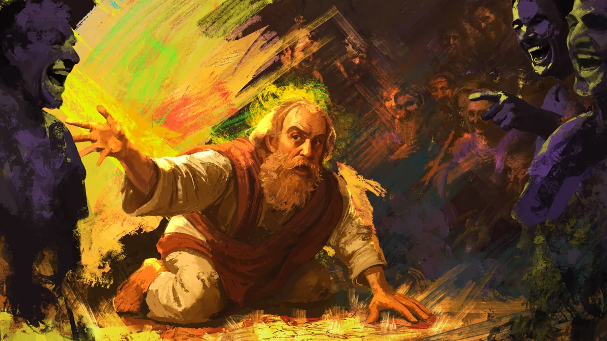 A bearded storyteller presents a map to a crowd while searching for a crew