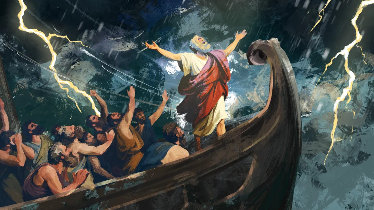 A mariner raises his arms aboard a ship surrounded by lightning and storm waves
