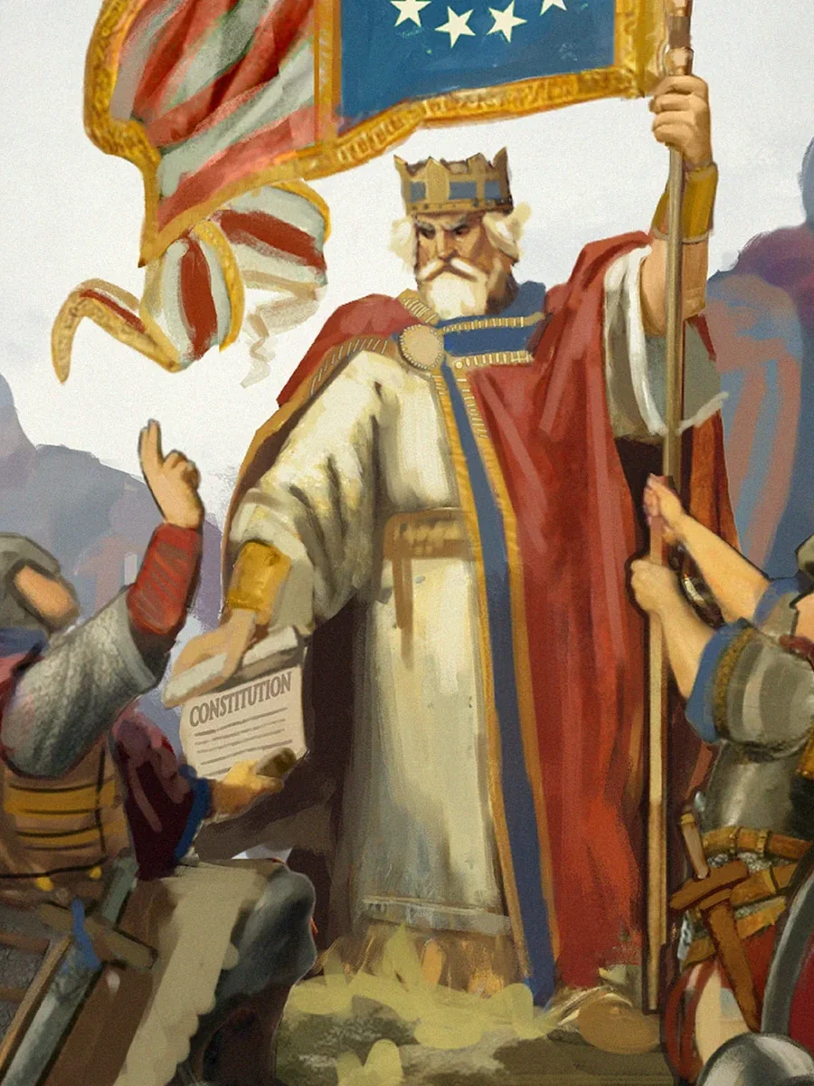 King Washington holds the Union banner as a knight presents the Constitution