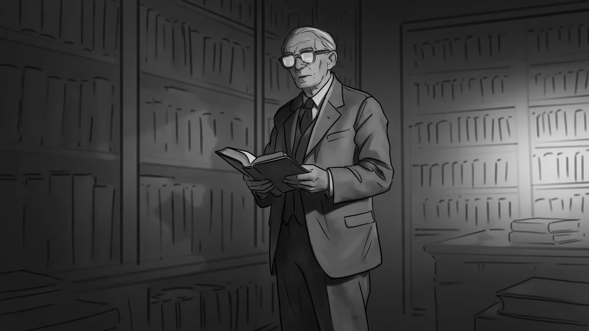 Grayscale concept study of a bespectacled man reading in a library