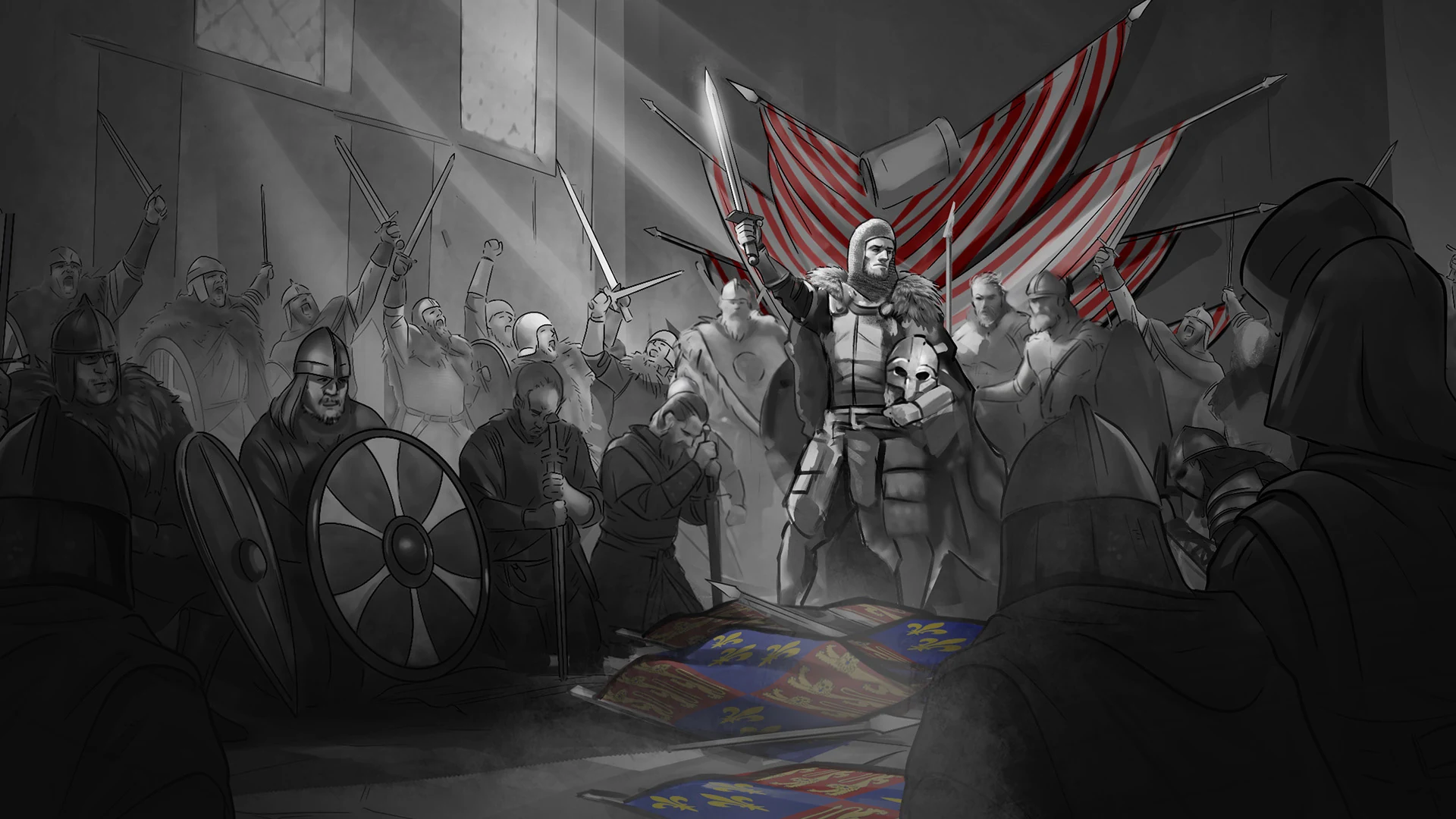 A Union ruler presides over a medieval court beneath red-and-white banners