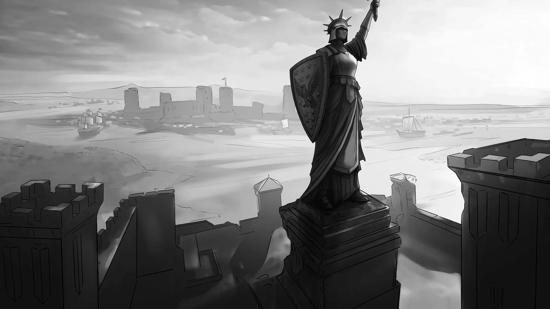 A crowned statue bearing a shield overlooks a fortified American harbor