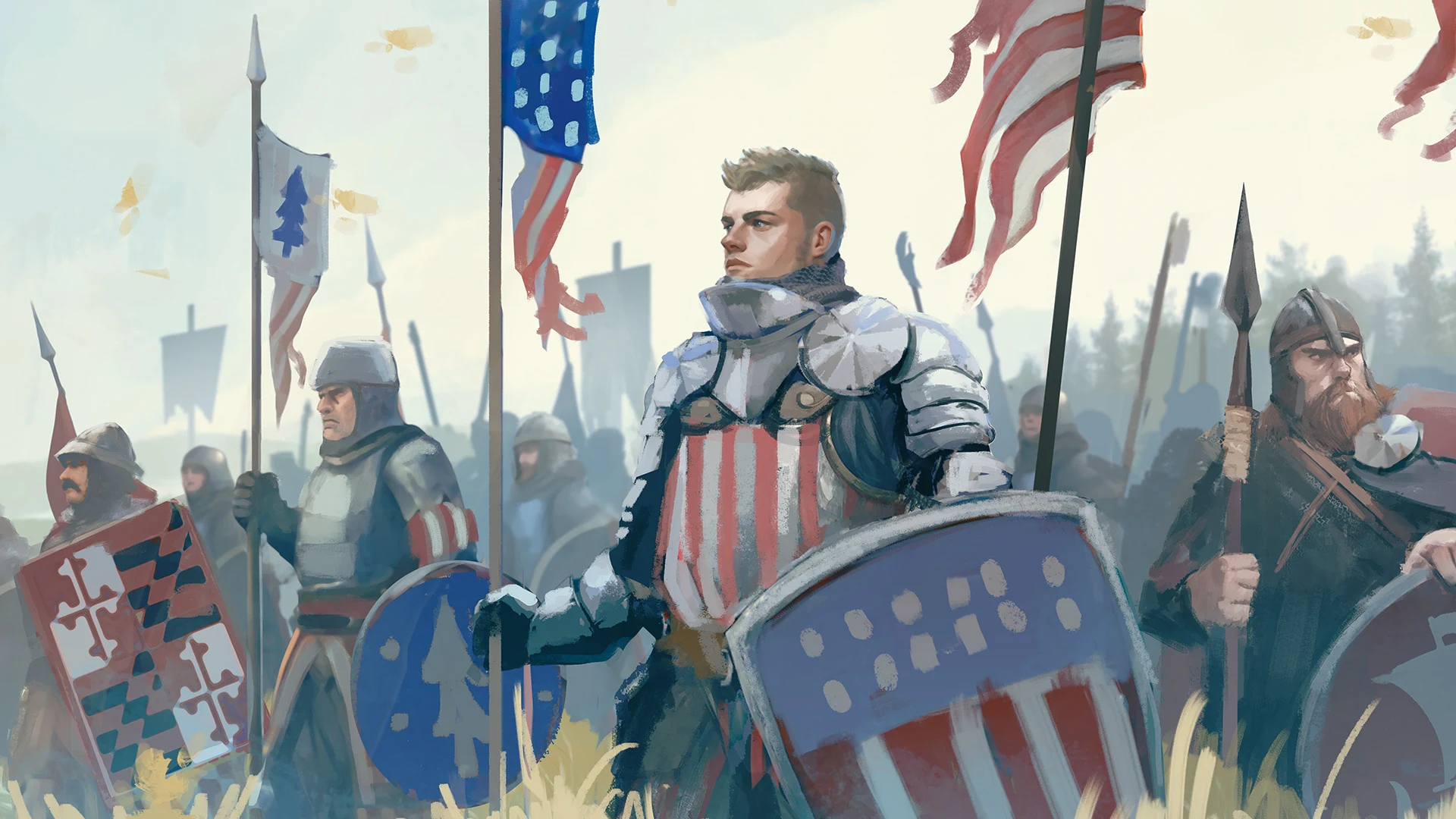 Armoured Union knights assemble with heraldic shields and American banners