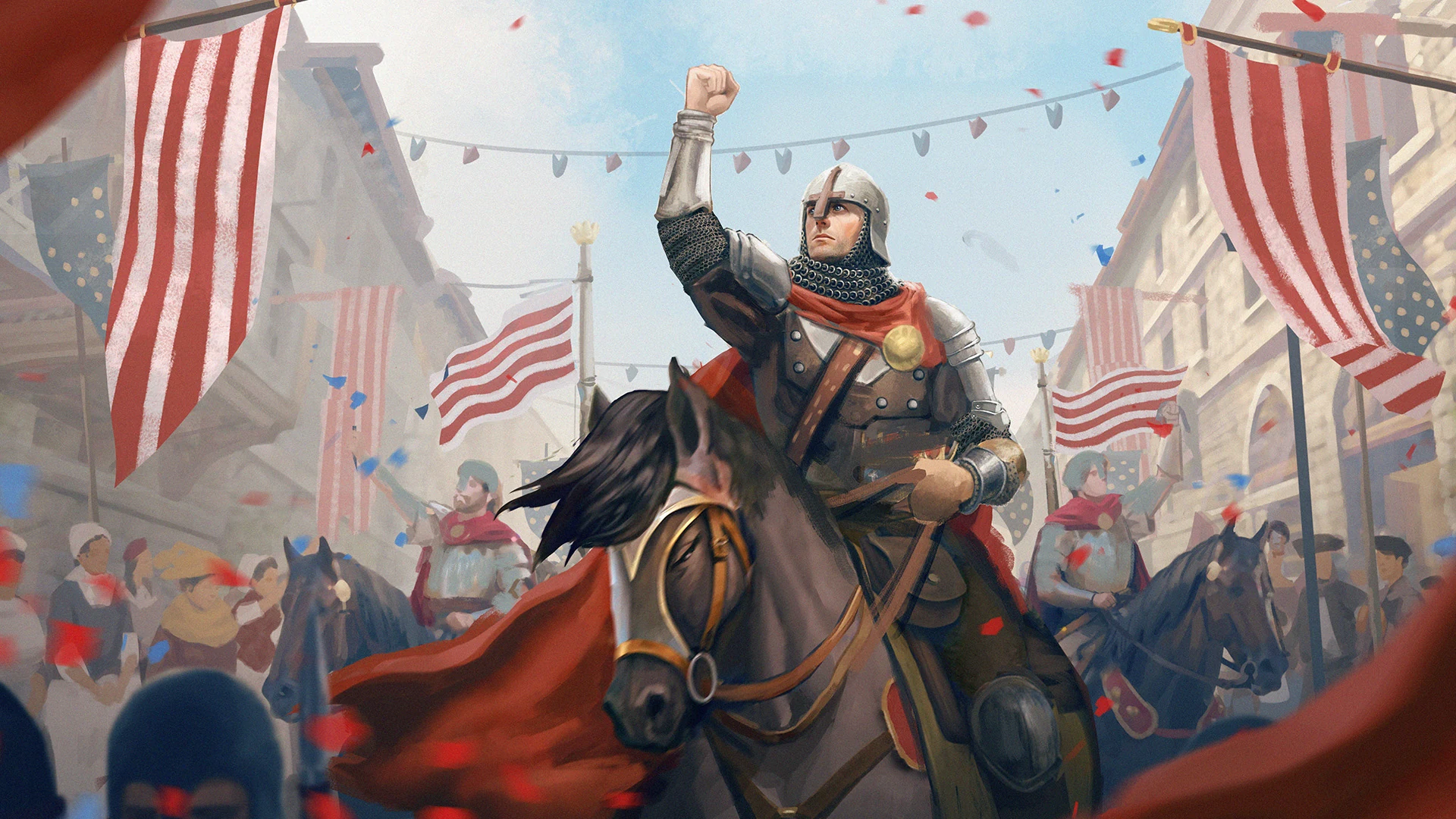 Triumph of the Union Knights: a mounted knight raises his fist during a procession through streets hung with American banners