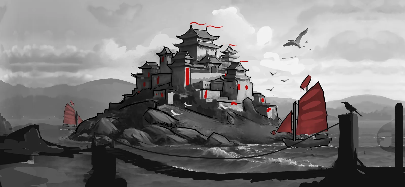 A fortified Dragon Coast city rises above a busy harbour
