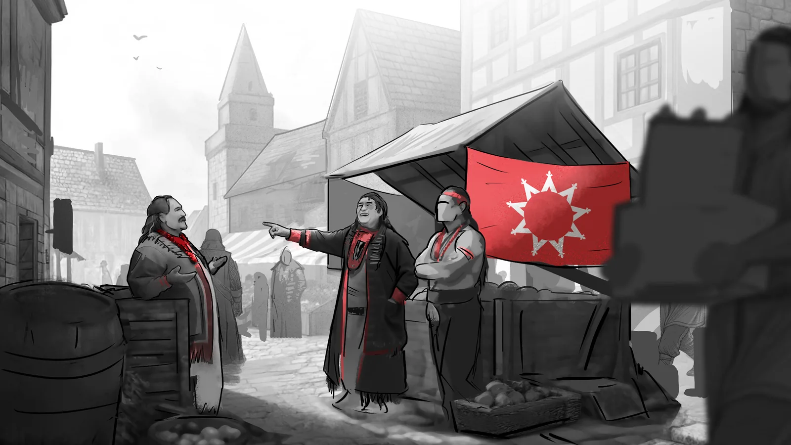 Merchants gather beneath the banner of a Free City market