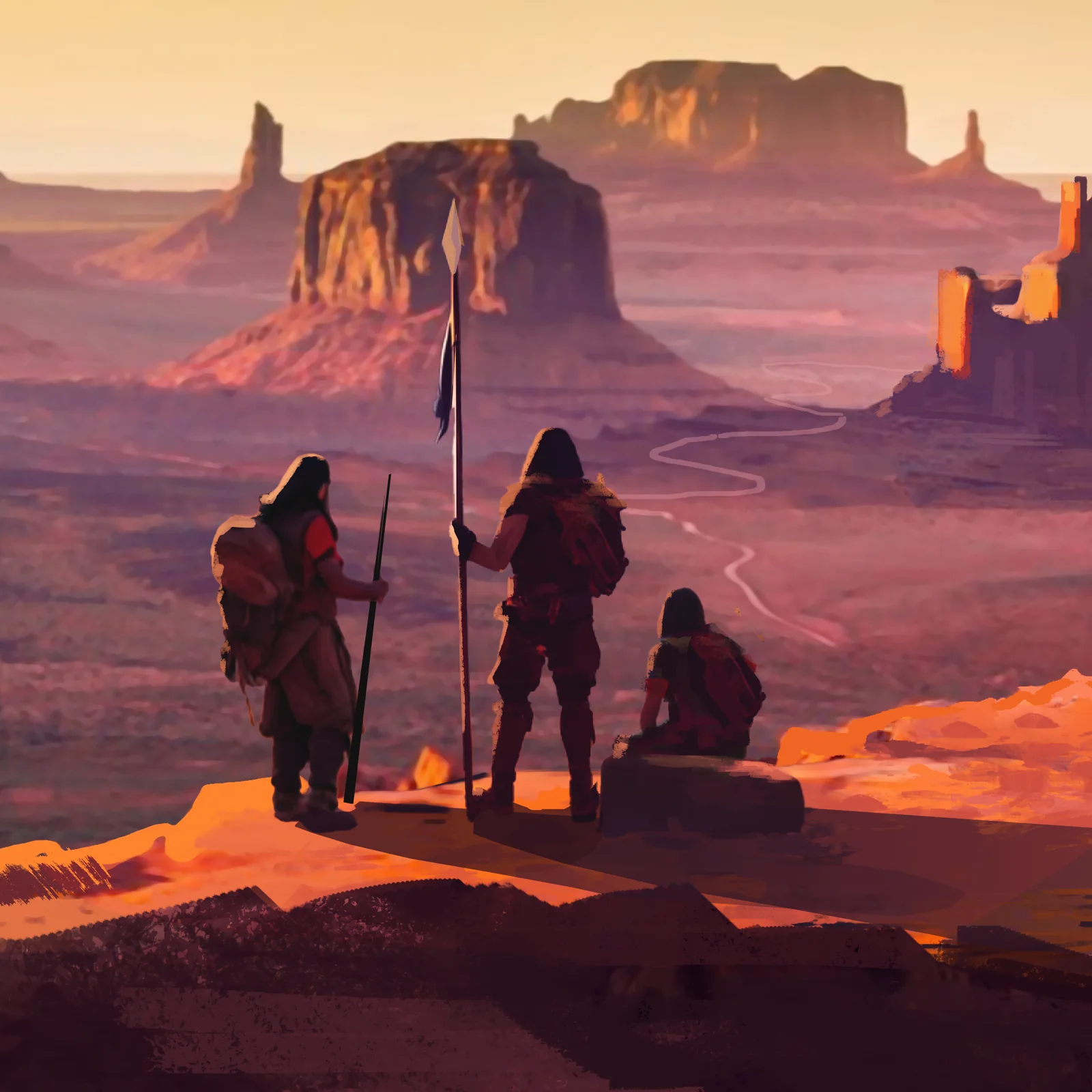 Native travelers overlook a desert landscape of mesas and canyons