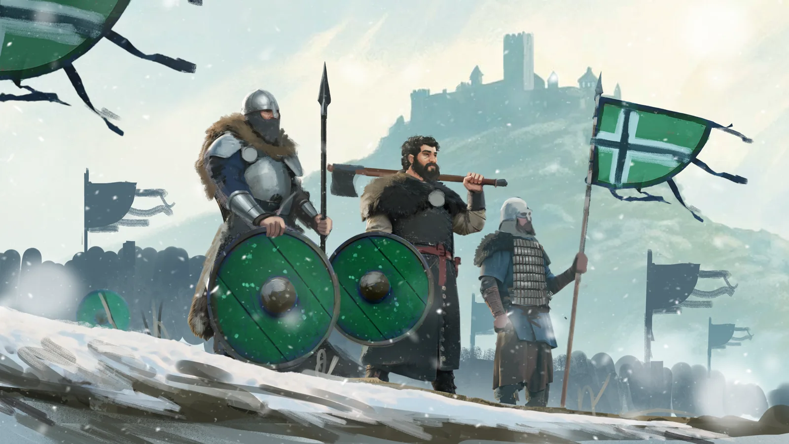 Vinlandian warriors assemble before a northern hill fortress
